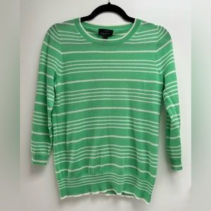 J. Crew Small Featherweight Cashmere Green and White Striped Sweater 3/4 sleeves